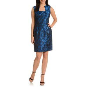 Tahari Mike Royal Blue Black Satin Jacquard Square Neck Social Dress Womens 6